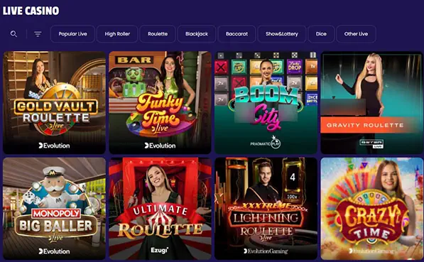 Multi-vertical casino: 1,200+ slots plus live dealer, Pragmatic Play and Evolution headlining